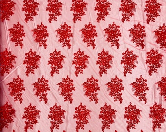 Red Flowers With Sequins Corded Lace On Mesh Fabric By The Yard Used For -Dress-Bridal-Fashion