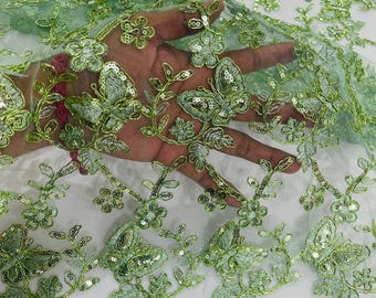 Sage Metallic Butterfly Embroidered Lace Fabric with Sequins