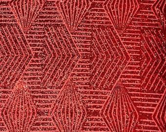 Red Geometric Sequin Fabric: Diamond Design, 4-Way Stretch Mesh, Prom Fabric by the yard