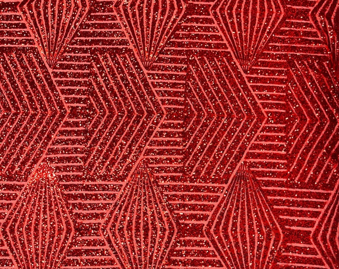 Geometric Sequins Fabric | Red Sequin Fabric | by the yard | Geometric Diamond Design | 4 Way Stretch Mesh Fabric for Prom