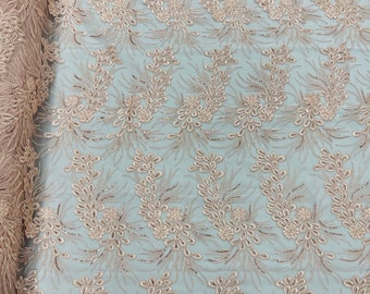 Blush Floral Lace Fabric with Sequins: Corded Embroidery, Bridal Gown Material