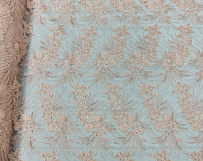 Blush Corded Floral Lace Fabric, by the yard - Embroidery With Sequins on a Mesh Lace Fabric For Gown, Wedding-Bridal