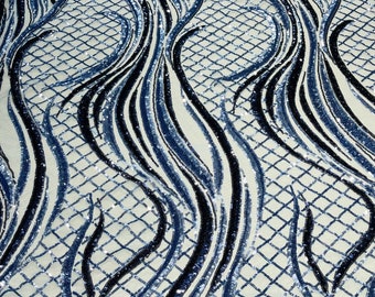 Sequins Fabric Two Tone Lt Blue/Black Geometric Design 4Way Stretch Sequin Fabric Spandex Mesh BTY