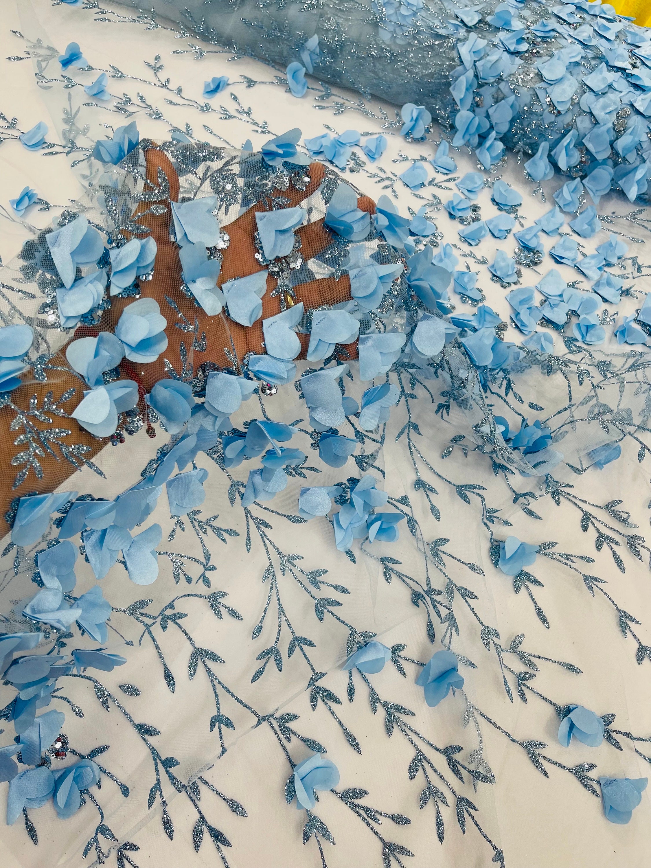 Baby Blue 3D Flower Sequin Fabric, Glitter Floral Mesh, Wedding Dress ...
