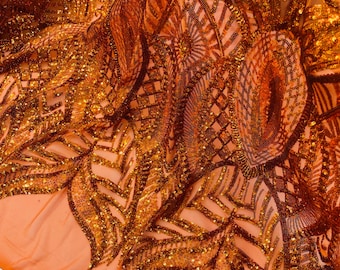 Holographic Burnt Orange Sequin Mesh Fabric, Royalty Design, Prom Gown