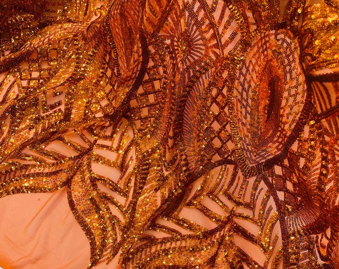 New Holographic Orange Burnt Sequins on Mesh, Royalty Design on Mesh 4way Stretch Sequin-Prom-Gown By The Yard