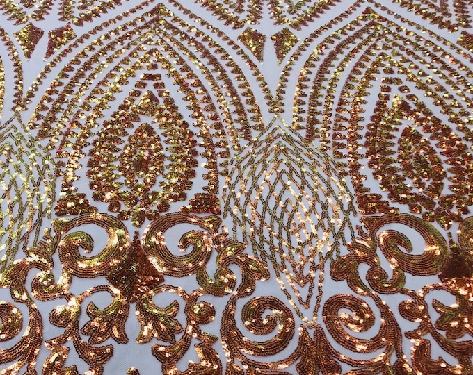 Orange Iridescent/Nude  - 4 Way Stretch Geometric Sequins Bella Design on Mesh Fabric for Prom Gala Gown Sold By The Yard