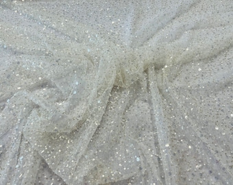 White Embroidery Beaded Fabric By The Yard With Sequin Fabric, Sequin on Mesh Fabric, Handmade Lace, Beads on a Mesh