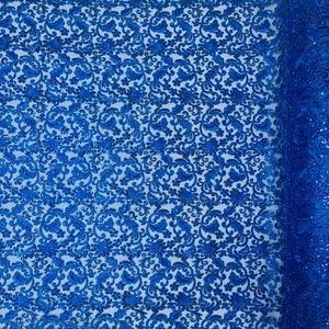 Metallic Royal Blue Floral Lace Fabric By The Yard, Embroidery With Sequins on a Mesh Lace Fabric, Corded sequins Lace