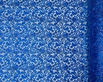 Metallic Royal Blue Floral Lace Fabric By The Yard, Embroidery With Sequins on a Mesh Lace Fabric, Corded sequins Lace