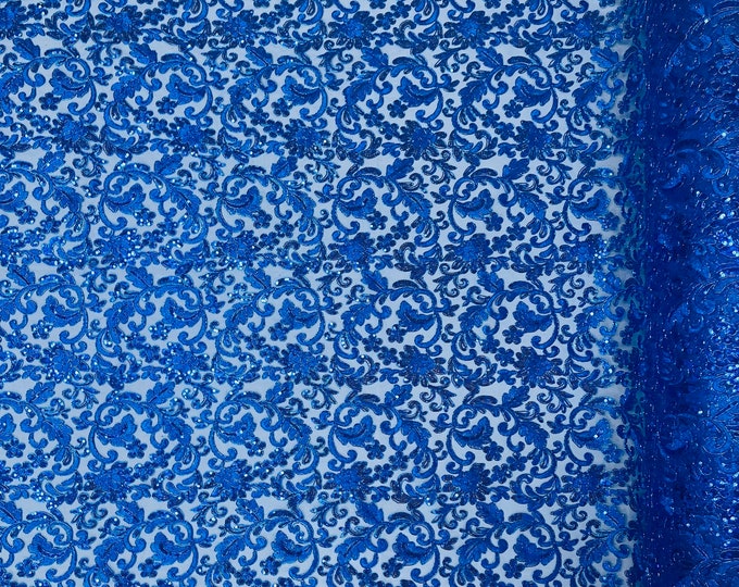 Metallic Royal Blue Floral Lace Fabric By The Yard, Embroidery With Sequins on a Mesh Lace Fabric, Corded sequins Lace