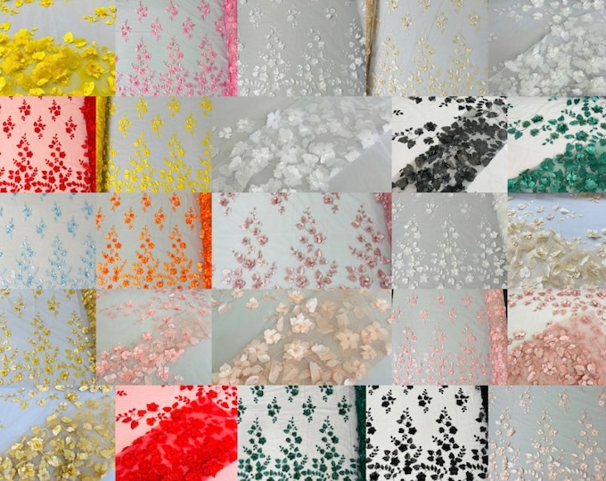 3D Floral Design Embroider and Beaded With Pearls On a Mesh Lace-Prom-Dress By The Yard
