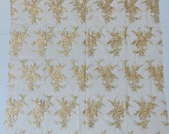 Champagne Floral Lace Fabric: Embroidered Sequins Mesh, Bridal Gown Material