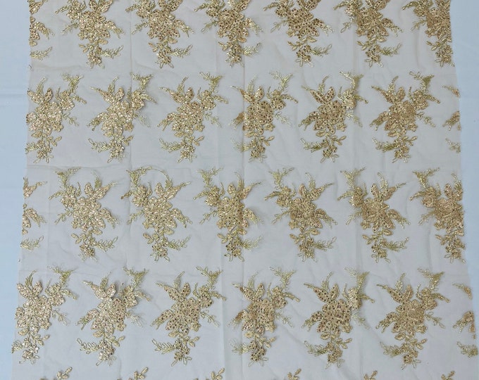 Metallic Champagne Floral Lace Fabric by the yard - Embroidery With Sequins on a Mesh Lace Fabric For Gown, Wedding-Bridal