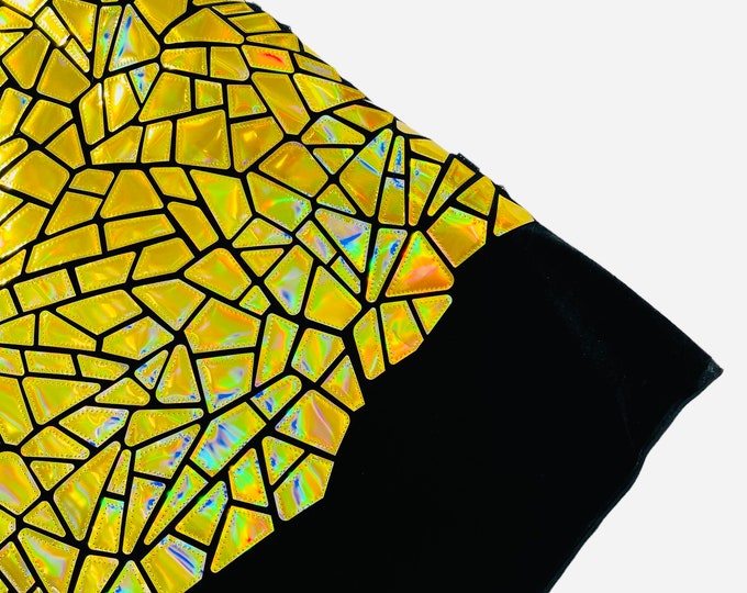 Gold Iridescent Mirror Sequin Fabric, 2 way Stretch Velvet Sequin Fabric by the Yard, 58/60”Geometric Sequin on Black Stretch Velvet Prom