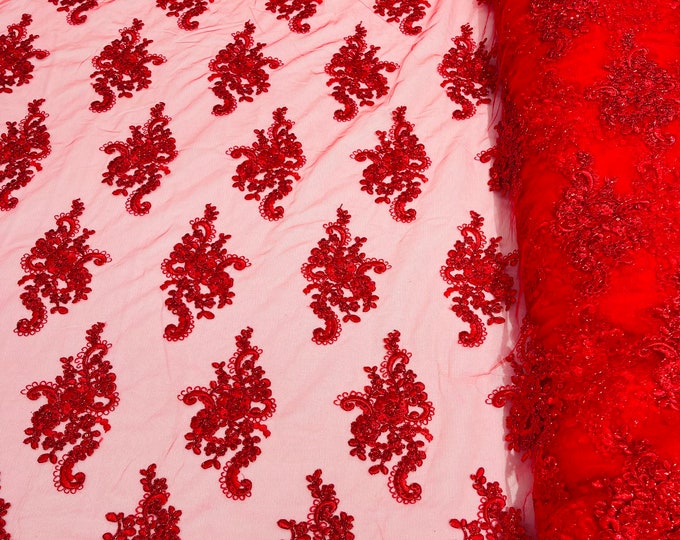 Red Metallic Floral Lace Fabric, Embroidery With Sequins on a Mesh Lace Fabric For Wedding-Bridal By Yard