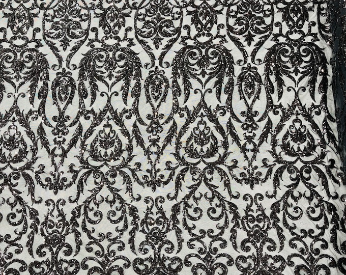 Black Sequins Fabric| by the yard | 4 Way Stretch Mesh | Embroidered King Damask Design With Sequin Lace Prom-Gown