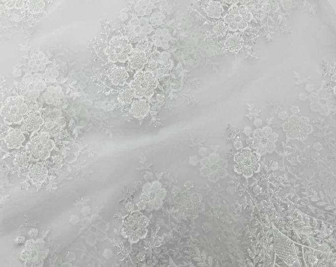 White Embroidery Beaded Fabric With Sequin on a Mesh, JP Desing Beaded Fabric Floral Bridal Lace Fabric by the yard