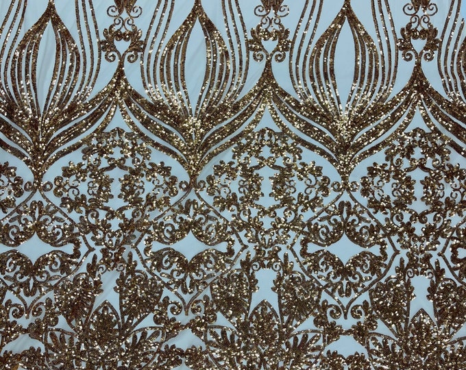 Gold Sequins - by the yard - On Nude  Mesh, Camila Design 4 Way Stretch Sequins Fabric, Lace sequins Prom-Gown