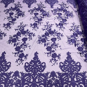 Purple Bridal Lace - by the yard - Damask Design Embroidered on Mesh Lace Fabric, Floral Wedding Dress (Pick a Size)
