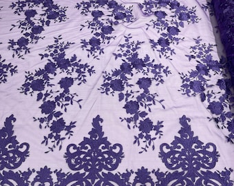 Purple Damask Lace Fabric: Embroidered Floral Mesh, Scalloped Edge