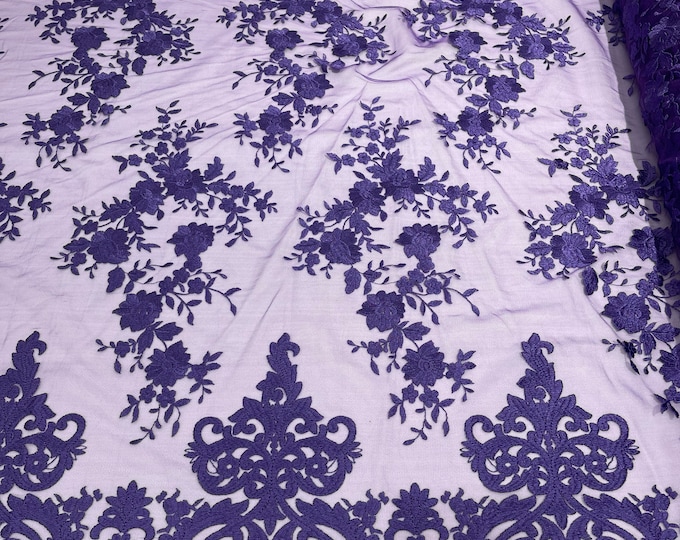 Purple Bridal Lace - by the yard - Damask Design Embroidered on Mesh Lace Fabric, Floral Wedding Dress (Pick a Size)