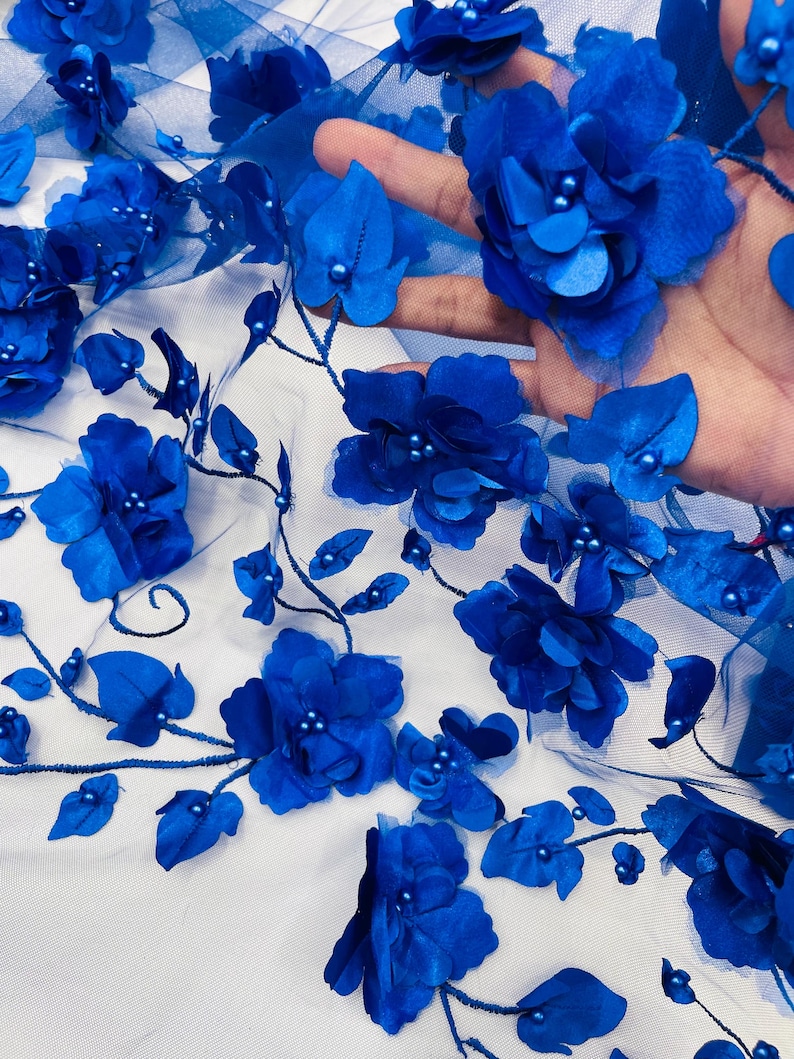 Royal Blue 3D Floral Lace Fabric With Pearls - Prom Dress Fabric by the ...