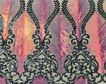 Rainbow Iridescent Sequin Fabric: Navy Damask Design, 4-Way Stretch