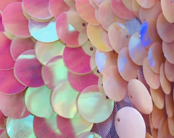 Peach Round Sequin Paillette Iridescent, Tear Drop Mermaid Sequins Fabric Mesh (Pick a Size)