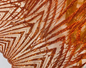 Burnt Orange Beaded Sequin Fringe Fabric, Geometric Design By The Yard