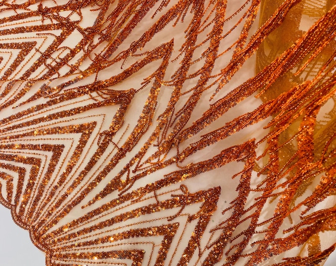 Burnt Orange Fringe Beaded Fabric By Yard, Geometric Design Beaded Fringe Sequin, Fringe Beaded Fabric Embroidered on a Mesh Lace Prom Dress