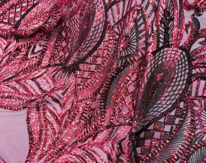 Burgundy Sequin Fabric, Royalty Design Embroidered With Sequin on a 4 Way Stretch Sequin Fabric Mesh-Prom-Gown By The Yard