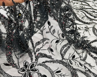Black Floral Leaf Pattern Beaded Fabric - Embroidered Beaded Rhinestone on a Mesh Wedding Bridal Fabric, Sold By The Yard