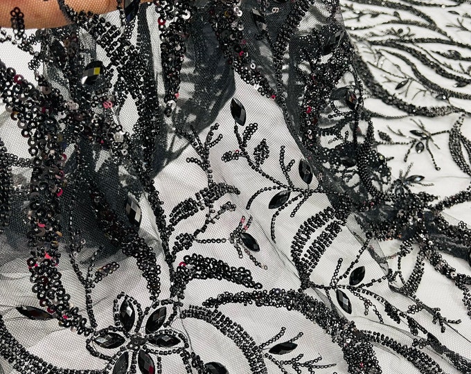 Black Floral Leaf Pattern Beaded Fabric - Embroidered Beaded Rhinestone on a Mesh Wedding Bridal Fabric, Sold By The Yard