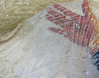 Off White Beaded Fabric | Fashion Pattern With Beads and Sequin, Bridal beaded Prom Dress
