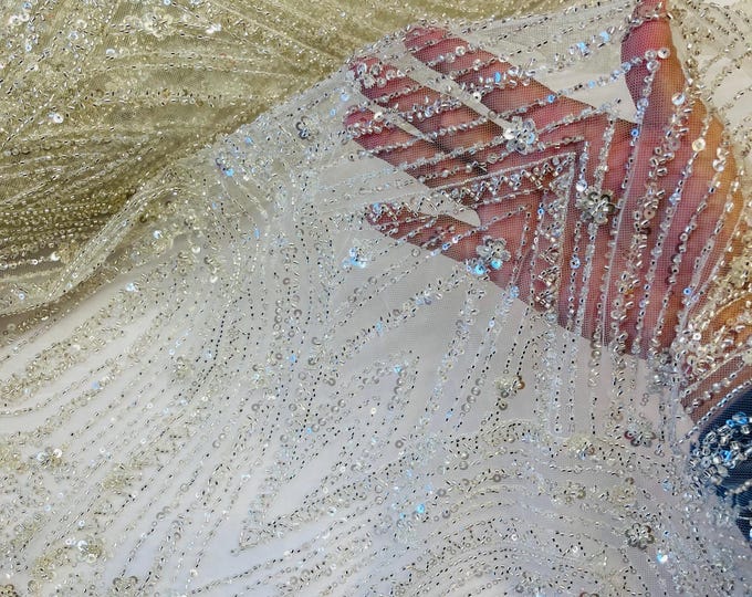 Off White Beaded Fabric | Fashion Pattern With Beads and Sequin, Bridal beaded Prom Dress