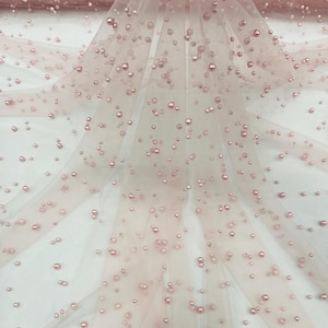 Blush Pink, Scattered Pearls Studded Mesh, by the yard - 2 Way Stretch, Pearls On Mesh, Scattered Pearls on Mesh, Bead Wedding Bridal Dress