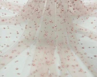 Blush Pink, Scattered Pearls Studded Mesh, by the yard - 2 Way Stretch, Pearls On Mesh, Scattered Pearls on Mesh, Bead Wedding Bridal Dress