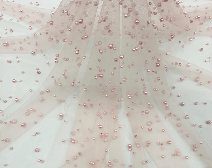 Blush Pink, Scattered Pearls Studded Mesh, by the yard - 2 Way Stretch, Pearls On Mesh, Scattered Pearls on Mesh, Bead Wedding Bridal Dress