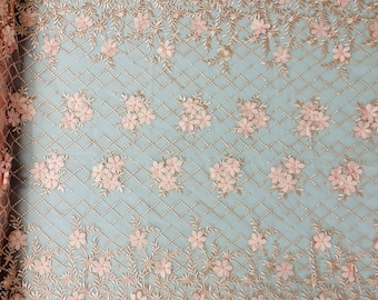 Blush 3D Floral Lace Fabric with Pearls: Bridal Wedding Lace