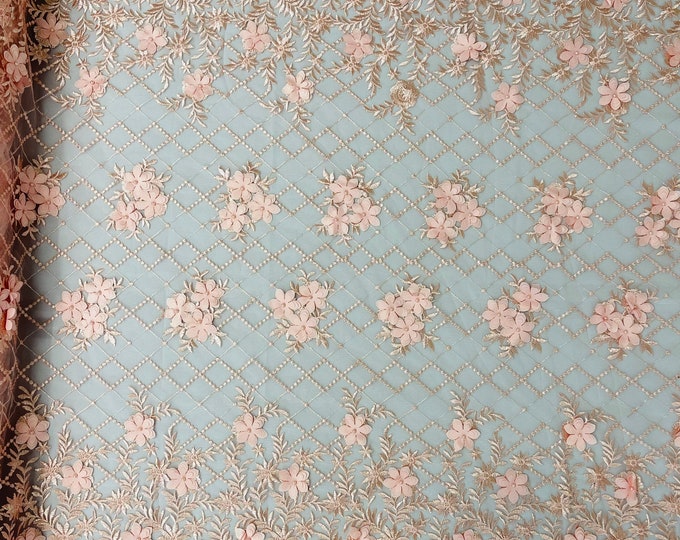 Mia Fabrics Inc, Blush 3D Floral-Flower With Pearl, 3D Floral-Flower Bridal Wedding Lace Fabric by the Yard (Pick a Size)