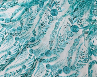 Jade Green Beaded Lace Fabric: Floral Embroidered Mesh, Bridal Wedding Dress