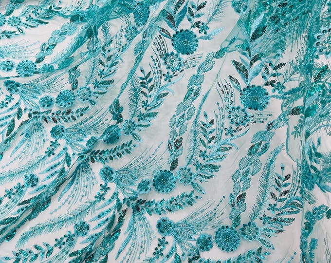 Jade Green Floral Design Beads and Sequins, Lace Beaded Sequin Floral & Leaves Embroidered on a Mesh Lace,Wedding,Bridal,Dress Sold By Yard