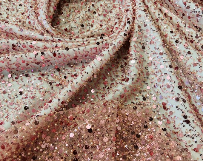 Dusty Rose Embroidery Beaded Fabric By The Yard With Sequin Fabric, Sequin on Mesh Fabric, Handmade Lace, Beads on a Mesh
