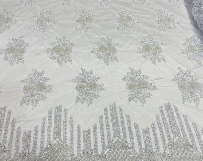 White Beaded Fabric, Hand Embroidered Lace Bridal Floral On a Mesh Dress Fabric with Beads By The Yard