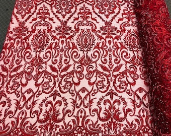 Burgundy Beaded Damask Lace Fabric – Embroidered Mesh, Floral Pattern