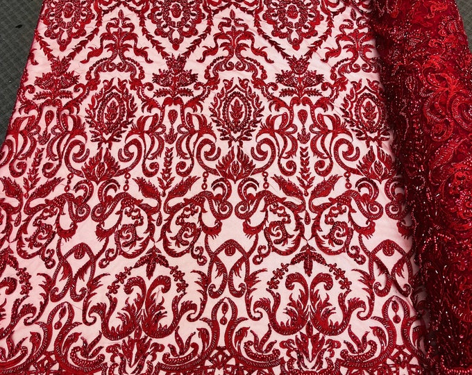 Burgundy Embroidered Damask Pattern With Pearls and Beads on a Mesh - Beaded Fabric - Lace Fabric by the yard