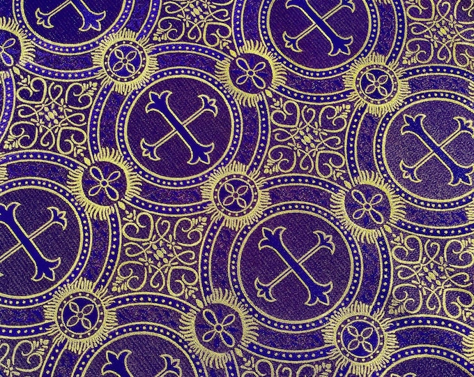 Purple Gold Cross Brocade Fabric: Religious Vestment Material - 58/60" Wide