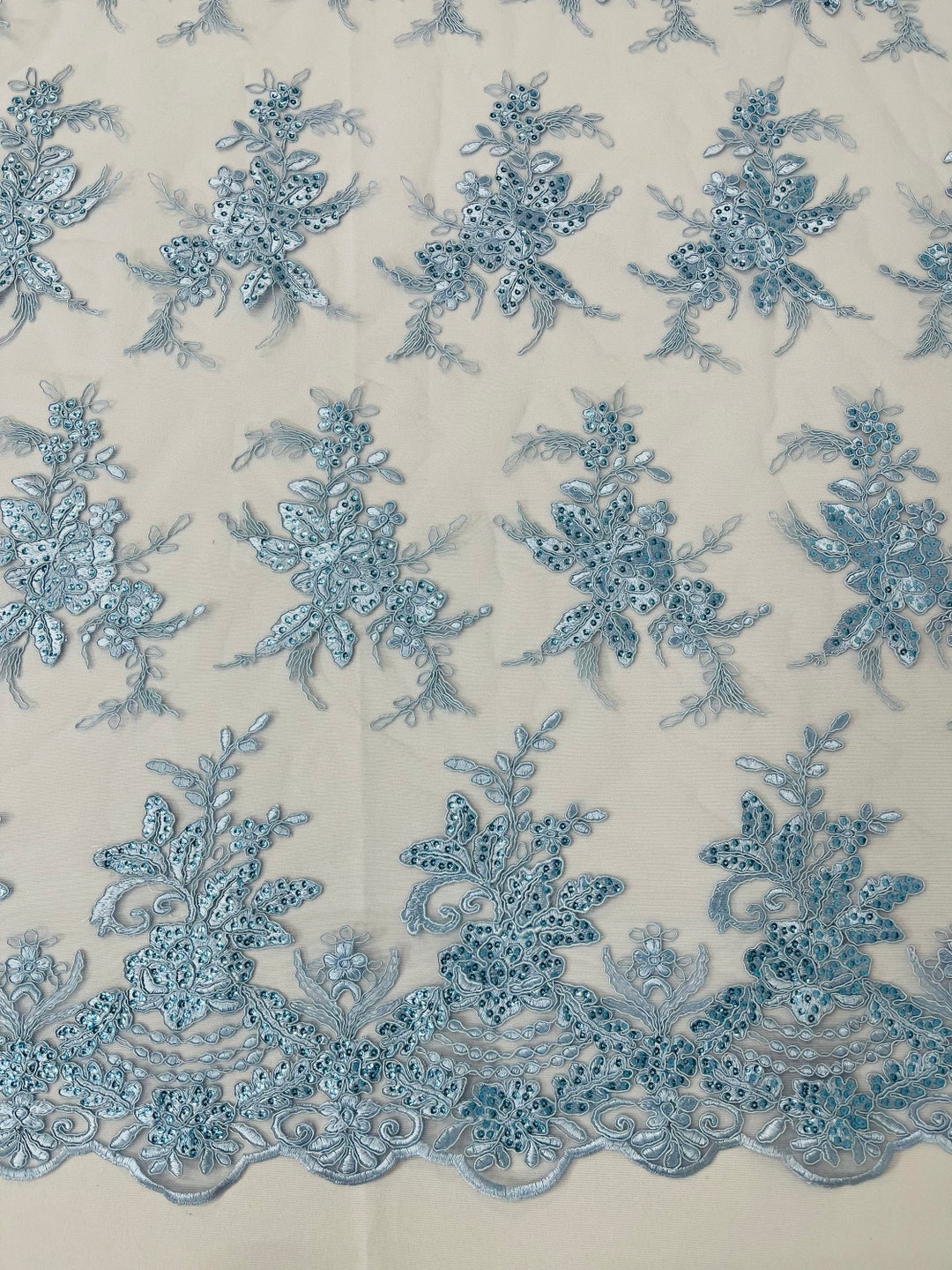 Baby Blue Floral Lace Fabric by the Yard - Embroidery With Sequins on a ...