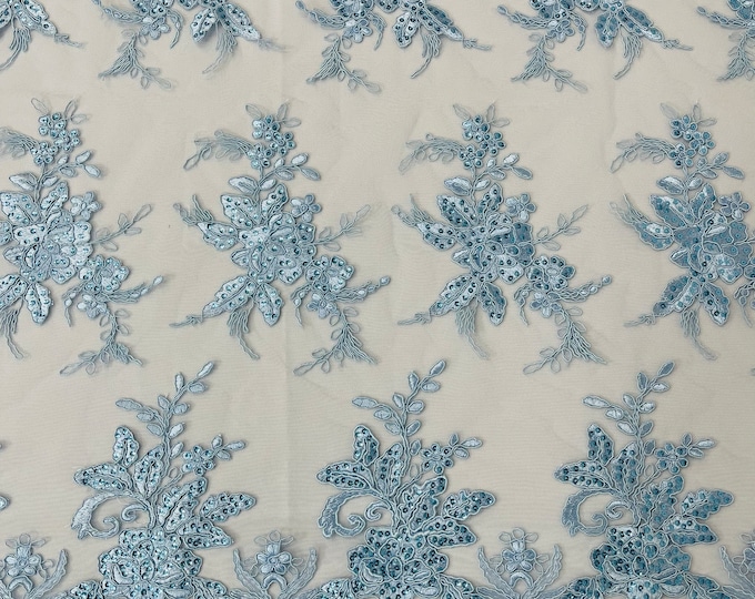 Baby Blue Floral Lace Fabric by the yard - Embroidery With Sequins on a Mesh Lace Fabric For Gown, Wedding-Bridal